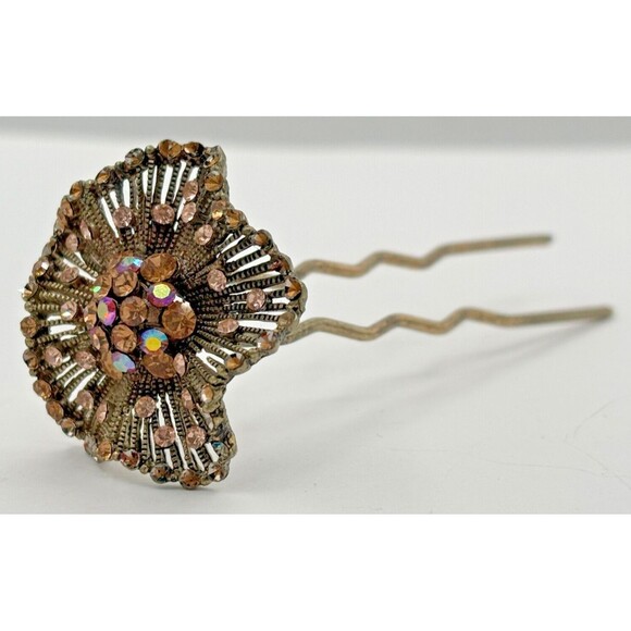 Vintage SOHO Signed Hair Stick Aurora Borealis Floral Jewelry Goldtone Metal HTF - Picture 1 of 16